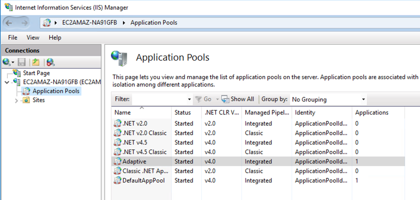 The application pools in the IIS Manager. 